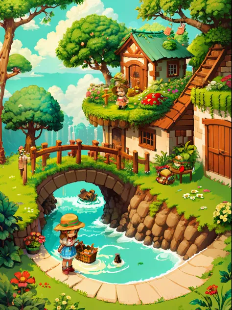 （Pixel art：1.4），Q version《Little girl with teddy bear》，Straw Hat Hat，basket，Floral dress，Little red leather shoes，The tree，small bridge flowing water，small boats，Flowers and plants，（Mushroom hut：1.4），Cogumelos，isometry