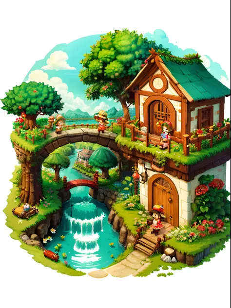 （Pixel art：1.4），Q version《Little girl with teddy bear》，Straw Hat Hat，basket，Floral dress，Little red leather shoes，The tree，small bridge flowing water，small boats，Flowers and plants，（Mushroom hut：1.4），Cogumelos，isometry