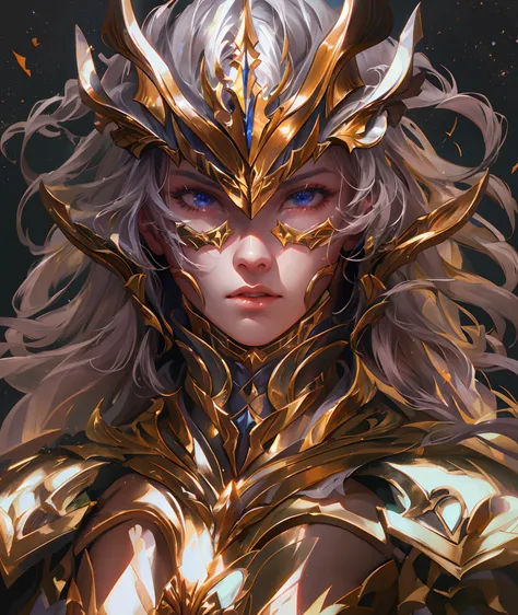 Ultra-high saturation，（tmasterpiece）， fully body photo，（best qualtiy）， （1girll）， starryskybackground，Wearing shiny gold armor， Sexy lingerie type armor，Expose your chest，Expose the waistline，Exposing thighs，cool-pose， Saint Seiya Armor， messy  hair，high de...