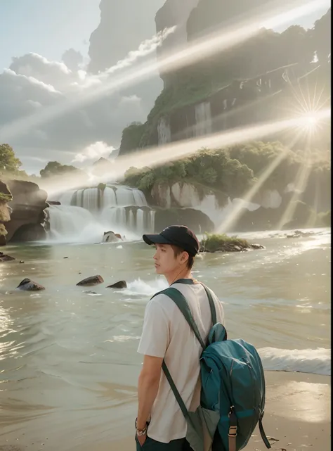 there is a man standing on the beach looking at the waterfall, waterfalls in the background, waterfall in the background, standing in front of a waterfall, standing near a waterfall, next to a waterfall, with waterfalls and river, with a waterfalls, with w...