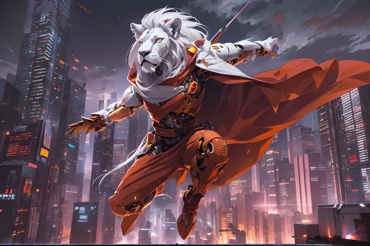 (Cyborg Warrior, Solo, White Lion face:1.3), Red costume, Samurai, red cloak, Skyscrapers, night, Jump from the rooftop towards the city, mid air, Dynamism, Cut the wind, The surrounding scenery is blurry.