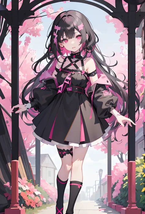 anime girl in a black dress with pink accents, pink and black goth dress, white background, cute anime waifu in a nice dress, an...