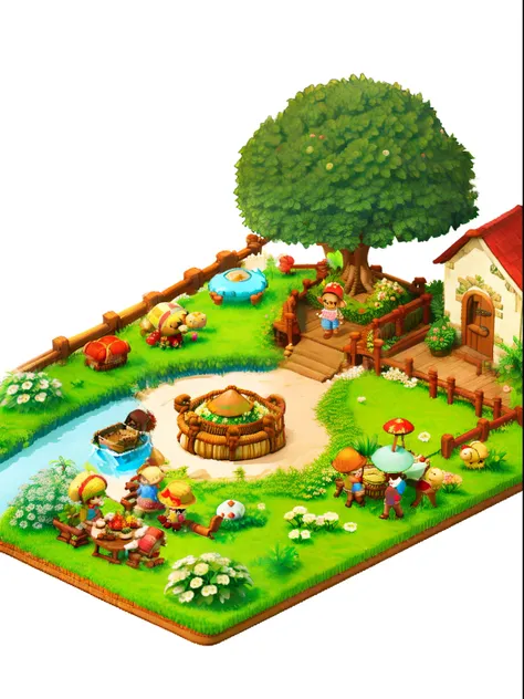 pixel game，（Pixel art：1.4），Q version《Little girl with teddy bear》，Straw Hat Hat，basket，Floral dress，Little red leather shoes，The tree，small bridge flowing water，small boats，Flowers and plants，（Mushroom hut：1.4），Cogumelos，isometry