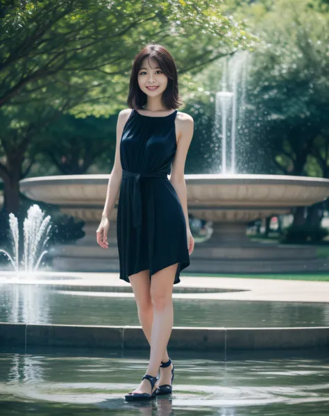 ((best quality, 8K, masterpiece: 1.3)), beautiful girl, pure, melon face, kind and cute, sweet smile, pure desire, slender body, (front), (tilted head), ((looking at camera) ), wearing a navy blue very short dress, black silky midium hair, long flowing sho...