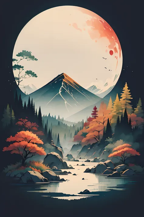 black background, scenery, watercolor, ink, flat mountains, river, moon, star, tranquil autumn night,