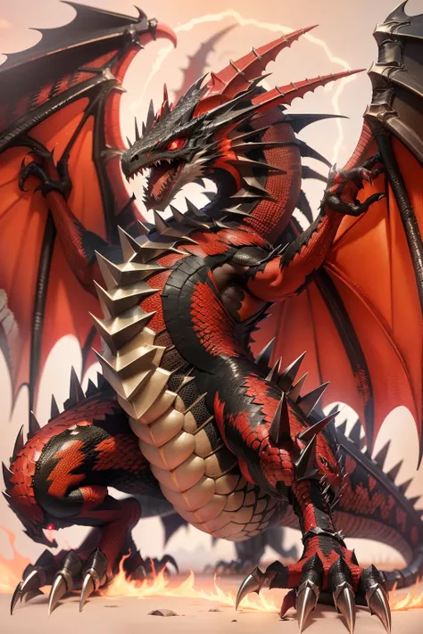 A fierce dragon with red and black scales breathes fire menacingly. It has enormous wings, sharp claws, and dangerous spikes on its tail. 

Items and gear listed on the side:
- Red and black colored scales
- Large leathery wings 
- Razor sharp claws
- Spik...