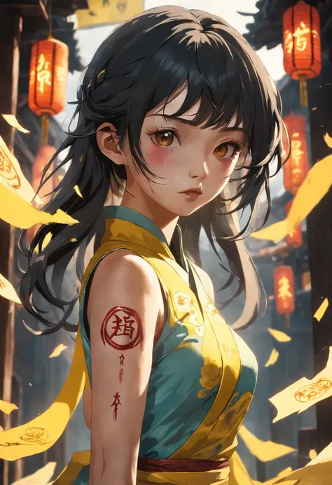 RAW, masterpiece, super fine photo, best quality, super high resolution, realistic, sunlight, a beautiful woman with yellow rune paper on her face, many yellow Taoist rune paper pasted on her body, worn cheongsam, female zombie, Hong Kong Lin Zhengying zom...