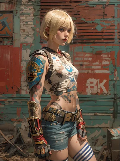 ((top-quality、8K、32K、​masterpiece、nffsw:1.3)), (superfine illustration)、(超A high resolution), (((Adults))), (((1girl in))), ((( bobs haircut ))), 25-year-old cyberpunk gladiator with a perfect body, Shoulder pads with metal spines, Gladiadores in Brooklyn,...