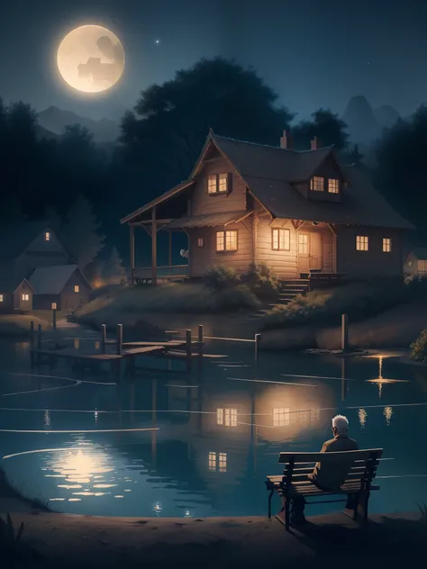 Quiet nights，A sky full of stars，The old man sat on a bench，Lonely atmosphere，Wooden house on the lake in the distance，dreamlike illustration, illustrative art, Very Beautiful Digital Art