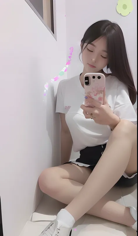 there is a woman that is sitting on the floor with a cell phone, Korean girl, dang my linh, ulzzangs, smooth white tight clothes suit, Ruan cute vtuber, young and cute girl, Anime Thai girl, photo of slim girl, reluvy5213, 2263539546]