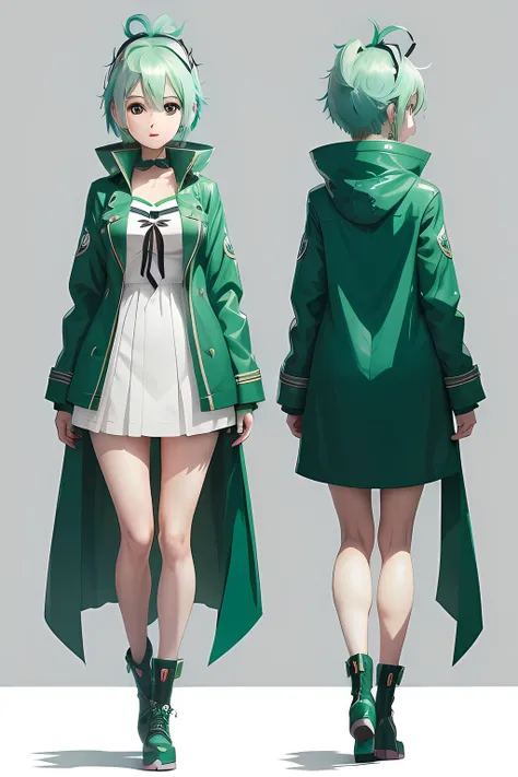 Anime character design for a girl with green hair and a green coat, pretty anime character design, Anime character design, high quality character design, anime concept art, interesting character design, Full body character design, best anime character desi...