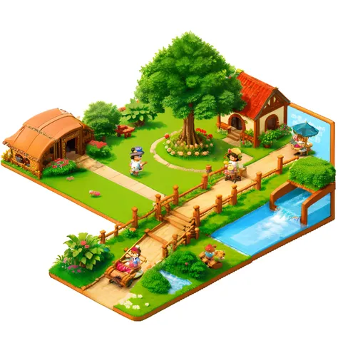 pixel game，（pixel art：1.4），q version《little girl with teddy bear》，straw hat hat，basket，floral dress，little red leather shoes，the...