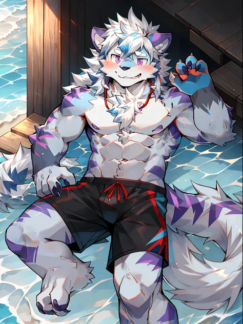 One guy，独奏，Full body like，shaggy male，hairy bodies，Correct human anatomy，Detailed double eyes，glowing light eyes，long  white hair，Dragon and wolf combined，shoun，Thin and tall，male people，There are small horns on the head，Gray fur，Purple stripes，red striped...