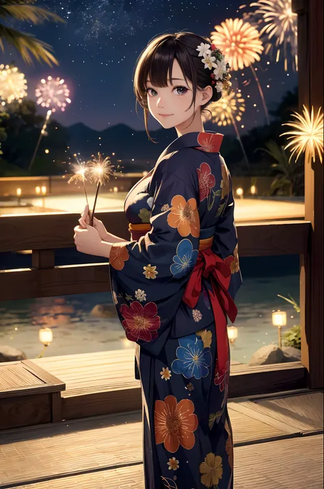 ((masterpiece, highest quality, super definition, high definition)), solo, beautiful girl, shining eyes, perfect eyes, yukata, cleavage, beautiful sister in Japan, yukata with fireworks pattern, back view, full body, turn around, smile, background is night...