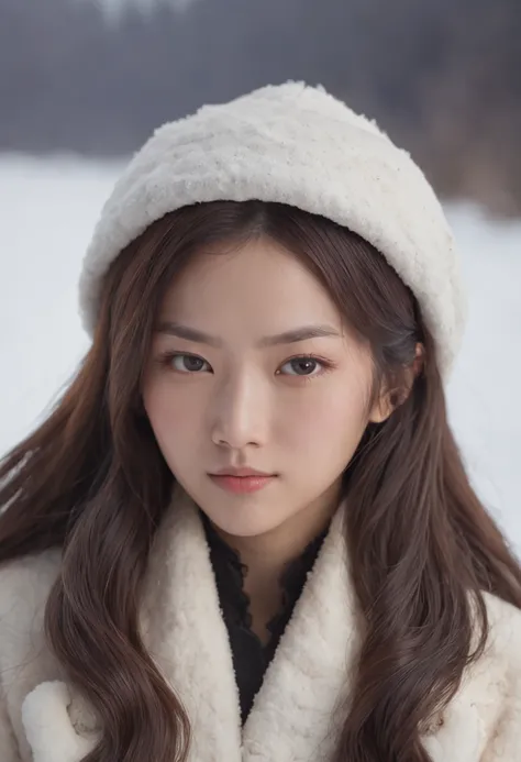 A long-haired Asian girl，Old off-white cotton jacket，Sit in front of the fire，The background is a snowy mountain in the wind and snow。Dark tones，Movie light。Heads-up mid-view，Cinematic style，complexdetails，8K，HDR，Portrait