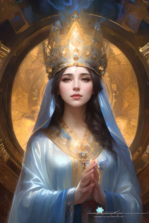 a painting of a woman in a blue robe and crown, majestic saint woman, a stunning portrait of a goddess, 3 d goddess portrait, queen of heaven, goddess portrait, slav epic, portrait of a beautiful goddess, craig mullins alphonse mucha, goddess. extremely hi...