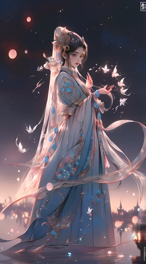 a woman in a blue dress，holding a butterfly in his hand, palace ， a girl in hanfu, a beautiful fantasy empress, princesa chinesa...