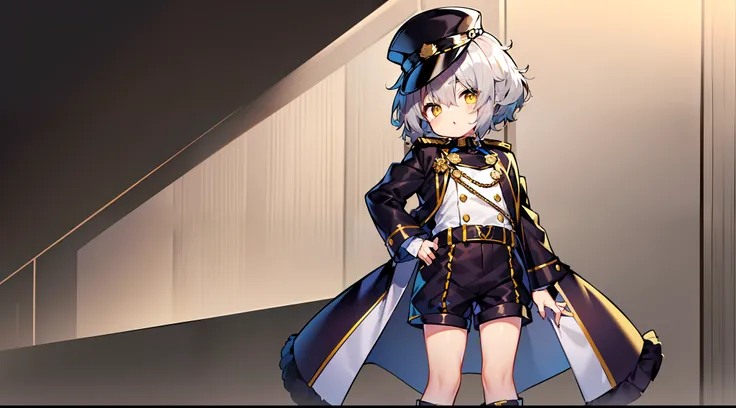 ((Standing picture)),Shota,Male child,(Wearing a big police hat),(((short and shaggy hair))),Fan Sleeve,((The hair is silver and、、、、Partially yellow)),Marume,Wearing boots,Wearing shorts,Wearing a Napoleon jacket,