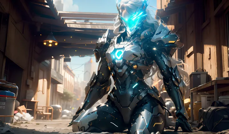 a woman in a futuristic suit posing in a city, cute cyborg girl, beutiful white girl cyborg, girl in mecha cyber armor, (sitting:1.4), (perfect body:1.3), (Perfect proportions:1.4), (Long silver viking style Hair:1.4), Big Green Eyes, HDR (High Dynamic Ran...