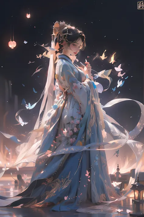 a woman in a blue dress，holding a butterfly in his hand, a girl in hanfu, a beautiful fantasy empress, princesa chinesa antiga, ...