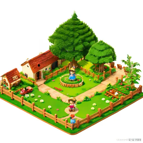 pixel game，（pixel art：1.4），q version《little girl with teddy bear》，straw hat hat，basket，floral dress，little red leather shoes，the...