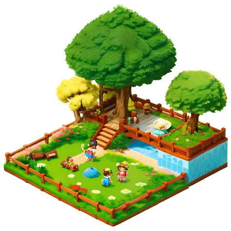 pixel game，（Pixel art：1.4），Q version《Little girl with teddy bear》，Straw Hat Hat，basket，Floral dress，Little red leather shoes，The tree，small bridge flowing water，small boats，Flowers and plants，（Future Tech Hostel：1.4），Cogumelos，isometry