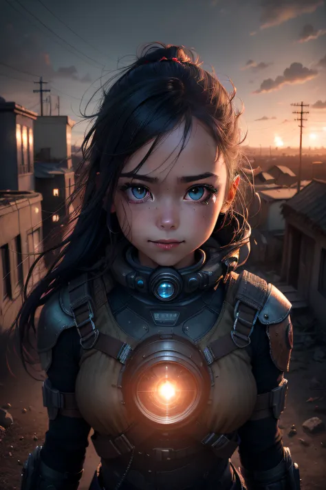 1girl from future, panic in her eyes, post apocalyptic town, dark, dusk, beautiful composition, wide shot, a light beam from outer space, top view, dynamic pose, smile