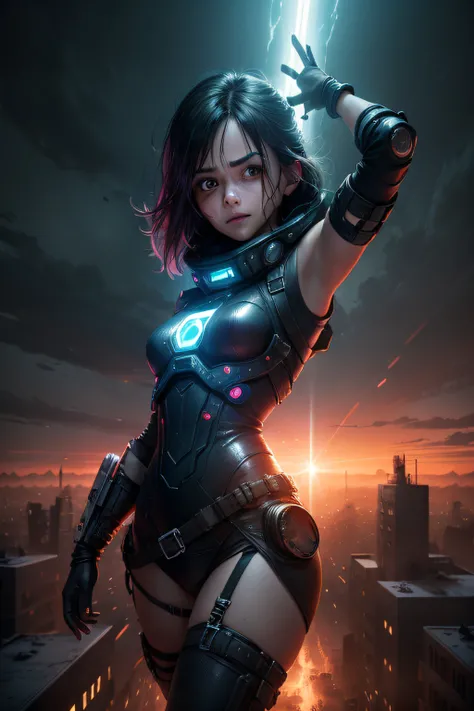 1girl from future, panic in her eyes, post apocalyptic town, dark, dusk, beautiful composition, wide shot, a light beam from outer space, top view, dynamic pose, smile