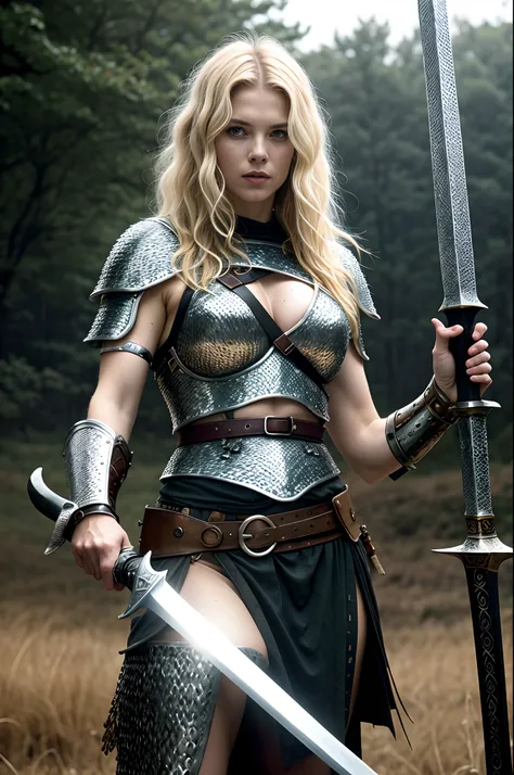 Masterpiece, a beautiful Viking woman, ((Marilyn Monroe:Michelle Pfeiffer:0.5)), (chainmail  armor), (medium breasts), (perfect body), (blonde matted hair), (short hairstyle), welding a sword, outside, dirty, spattered with blood,(skin texture:1.1), best q...