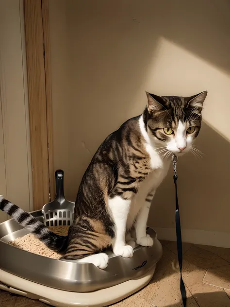 there is a cat sitting on a litter bowl with a leash, there is full bedpan next to him, cute furry needs your help, taken with sony alpha 9, a handsome, a cat sitting in a chair, cat female with a whit and chest, complex!!, taken with canon 8 0 d, very han...