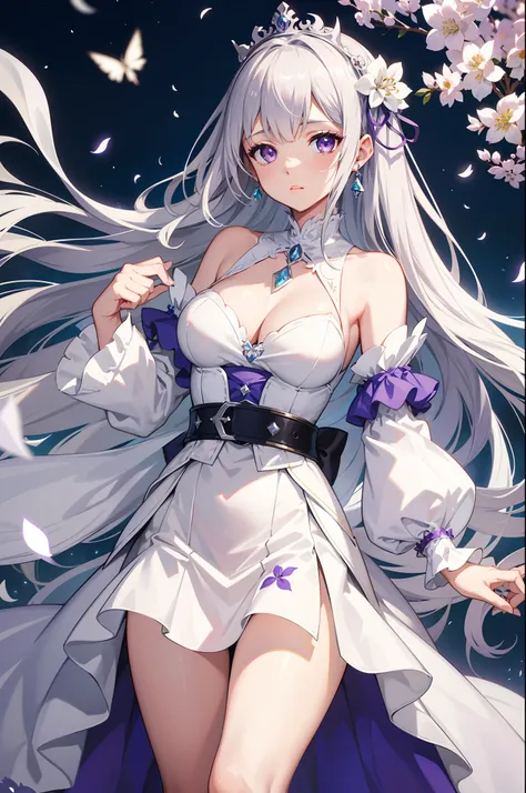 Emilia from Re:Zero kara Hajimeru Isekai Seikatsu, gorgeous white and purple wet wedding dress, holding a bunch of clematis, silk accesory, veil, grace hair style, flower flying effect, garden background, perfect body shape, small breast, empress and forze...