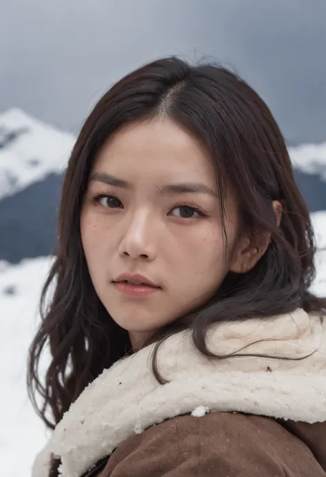 A long-haired Asian girl, Old off-white cotton jacket, Sit in front of the fire, The background is a snowy mountain in the wind and snow。Dark tones, Movie light。Heads-up mid-view, Cinematic style, complexdetails, HDR, black hair, dreadlocks, mole under eye...