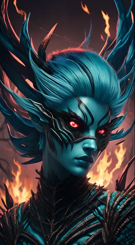 A cyan face cracked，Freak with red eyes，Looming scales, In the style of twisted branches,  Made of insects, Burning/ charred, Process design, Supernatural creatures, Realistic characters, Underground fireflies, Burning blue cotton hair，Cool drag