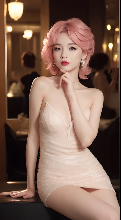 ((An ultra-high picture quality、top-quality、8k picture、​masterpiece:1.3))、Crisp focus:1.2、Beautiful woman with perfect body shape:1.4、The most beautiful face、Super Slender、abdominals:1.2、((Pink hair、medium cut、beutiful breast:1.2、tchibi、))、a wet body:1.5、V...