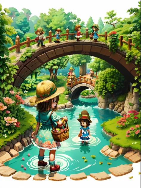 （Pixel art：1.4），Q version《Little girl with teddy bear》，Straw Hat Hat，basket，Floral dress，Little red leather shoes，The tree，small bridge flowing water，small boats，Flowers and plants，（Future Tech Lodge：1.4），droid