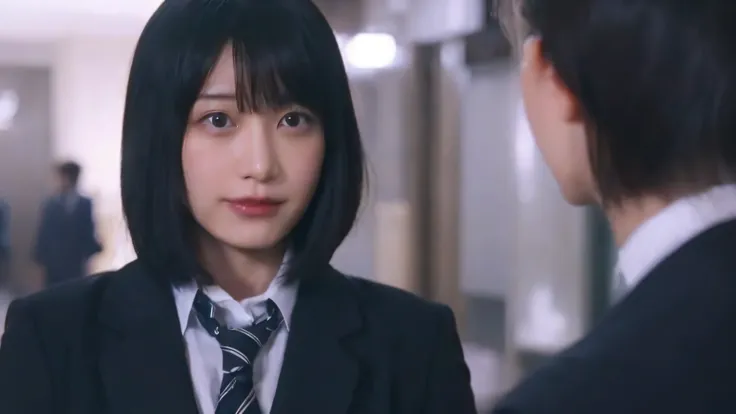 Alafed asian woman in suit and tie looking at man, live action movie scene, japanese live action movie, She has black hair with bangs, sui ishida with black hair, movie screenshot, still from live action movie, closeup Iwakura Lain, wearing japanese school...