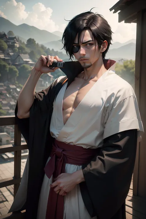 a male character (RAW Photo, 4k, Masterpiece, Full res, Extremely Complex) (Realistic: 1.4), Cinematic Lighting, Enhancement, Splendor, On a Hill, Medieval(Style), (Best Quality), (High Quality) ),( Kenpachi Zaraki , left eye patch , spiky black hair, Japa...