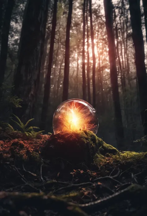 young man found a glowing crystal orb in a dark scary forest photo realistic