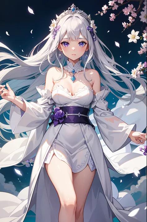 Emilia from Re:Zero kara Hajimeru Isekai Seikatsu, half elf, gorgeous white and purple wet elegant wedding dress, holding a bunch of clematis, silk accesory, veil, grace hair style, flower flying effect, garden background, perfect body shape, small breast,...