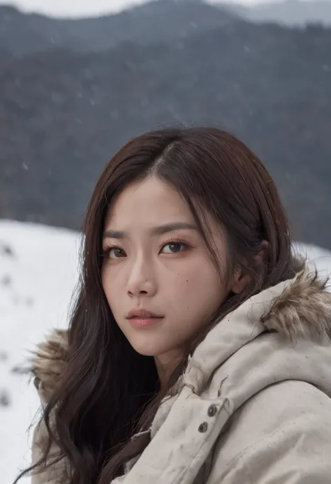 A long-haired Asian girl, Old off-white cotton jacket, Sit in front of the fire, The background is a snowy mountain in the wind and snow。Dark tones, Movie light。Heads-up mid-view, Cinematic style, complexdetails, HDR, black hair, dreadlocks, mole under eye...