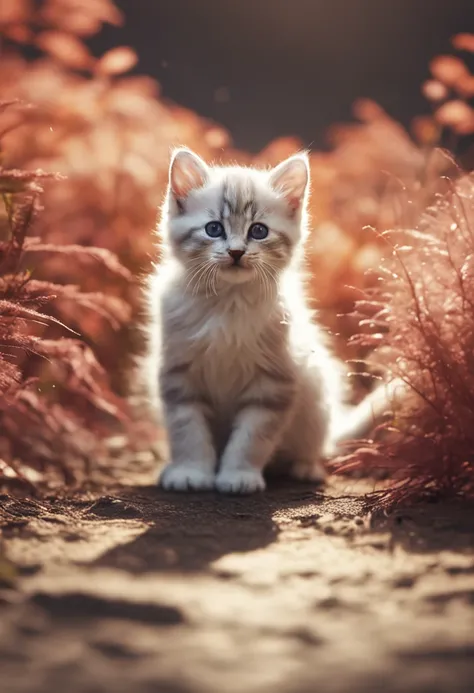 Very cute closeup photo of kitten sitting in the forest, Soft volumetric lamp (retroiluminação: 1.3), (kinematics: 1.2), intricately details