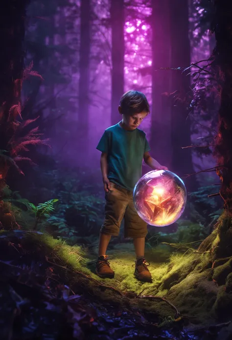 young boy found a glowing crystal orb in a dark scary forest photorealistic