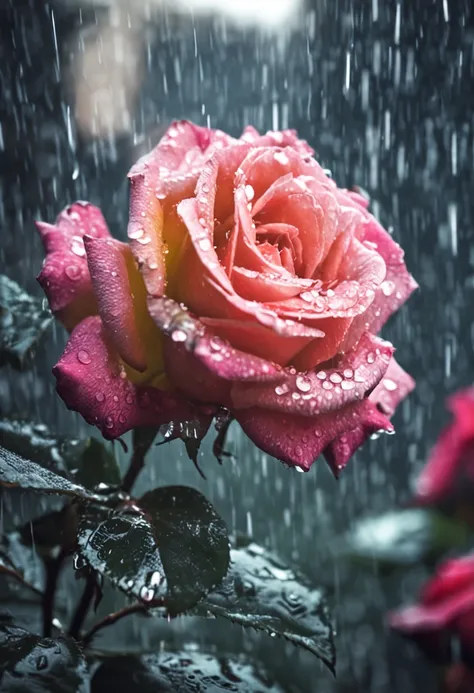 Rose in the rain，rose garden，Rose flower，artistic conception。