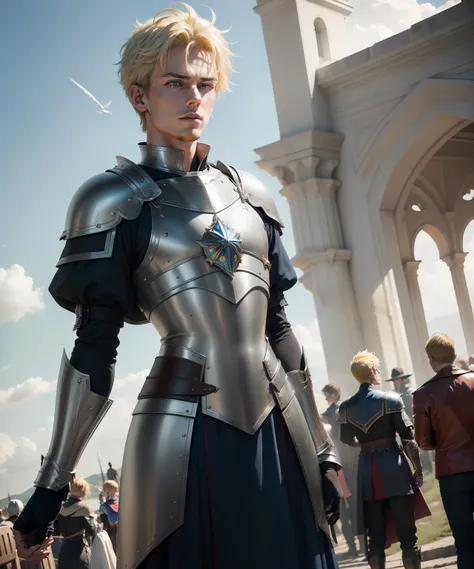 (RAW Photo, 4k, Masterpiece, High Resolution, Extremely Complex) (Realistic: 1.4), Cinematic Lighting, One male character, Spotlight, Splendor, On a Hill, Medieval(Style), (Best Quality) , (Highres ), (Silver armor with blue accents),(8k imposing face),(Ye...