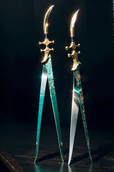 A pair of beautifully depicted metal long knife legs，Exudes a blue-green metallic sheen，Perfect lighting，Sideslit