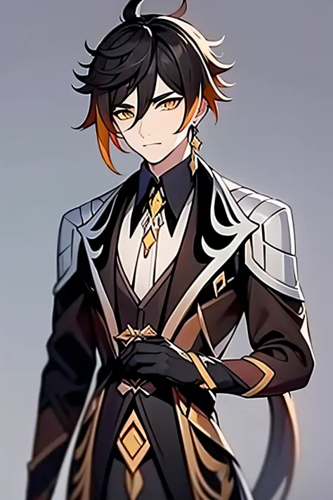 masterpiece, best quality,zhongli (genshin impact), male focus, jewelry, long hair, 1boy, solo, earrings, bangs, gloves, ponytail, black gloves, multicolored hair, brown hair, hair between eyes, single earring,  jacket, tassel earrings, long sleeves, tasse...