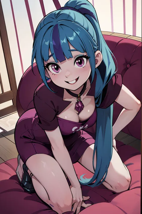 Twilight Sonata, The woman, Average Breasts, Adult, violet eyes, naked ass,  femenine body, Female genitals, in full height, A big smile, Blue hair, pony tail, Kneeling, White liquid flows down the body, Room