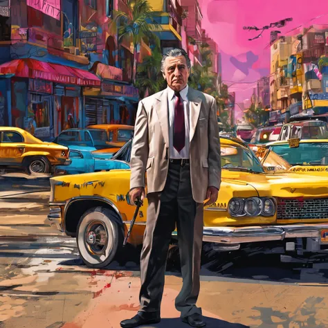 Best quality, Masterpiece,  A painting of a man Robert De Niro ( with black hair), gangster pose, Miami City background, street, taxi cab, 
perfect Art, Art, Intricate Digital Painting, original Artwork, Illustration, guns in hand, digital art, masterpiece...