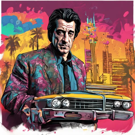 Best quality, Masterpiece,  A painting of a man Robert De Niro ( with black hair), gangster pose, Miami City background, street, taxi cab, 
perfect Art, Art, Intricate Digital Painting, original Artwork, Illustration, guns in hand, digital art, masterpiece...