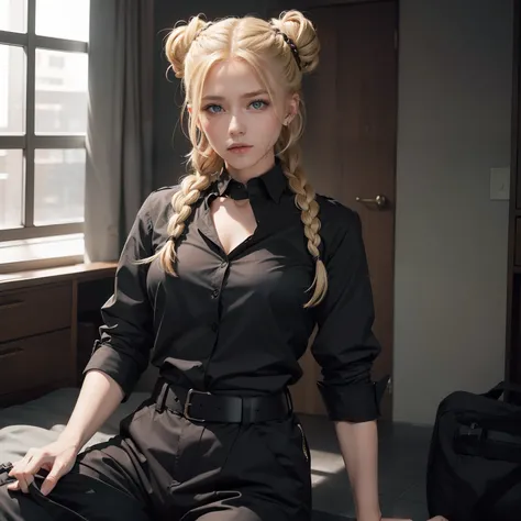 A blonde Danish woman alone with a double bun hairstyle and double braids that fall over her chest., wearing black cotton shirt and tactical style pants, fotografia de corpo inteiro.